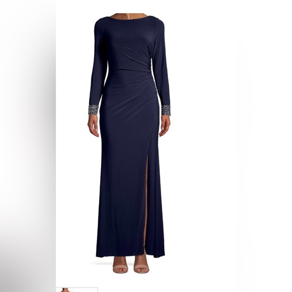 Vince Camuto Navy Long Sleeve Gown with Embellished Cuffs